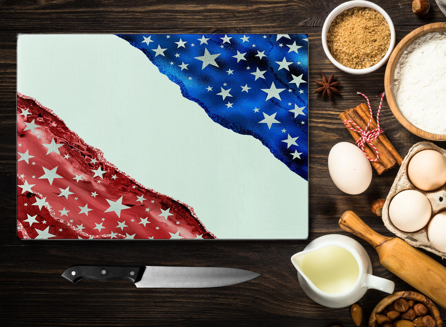 Patriotic Red White Blue Agate Glass Cutting Board for Kitchen Decor