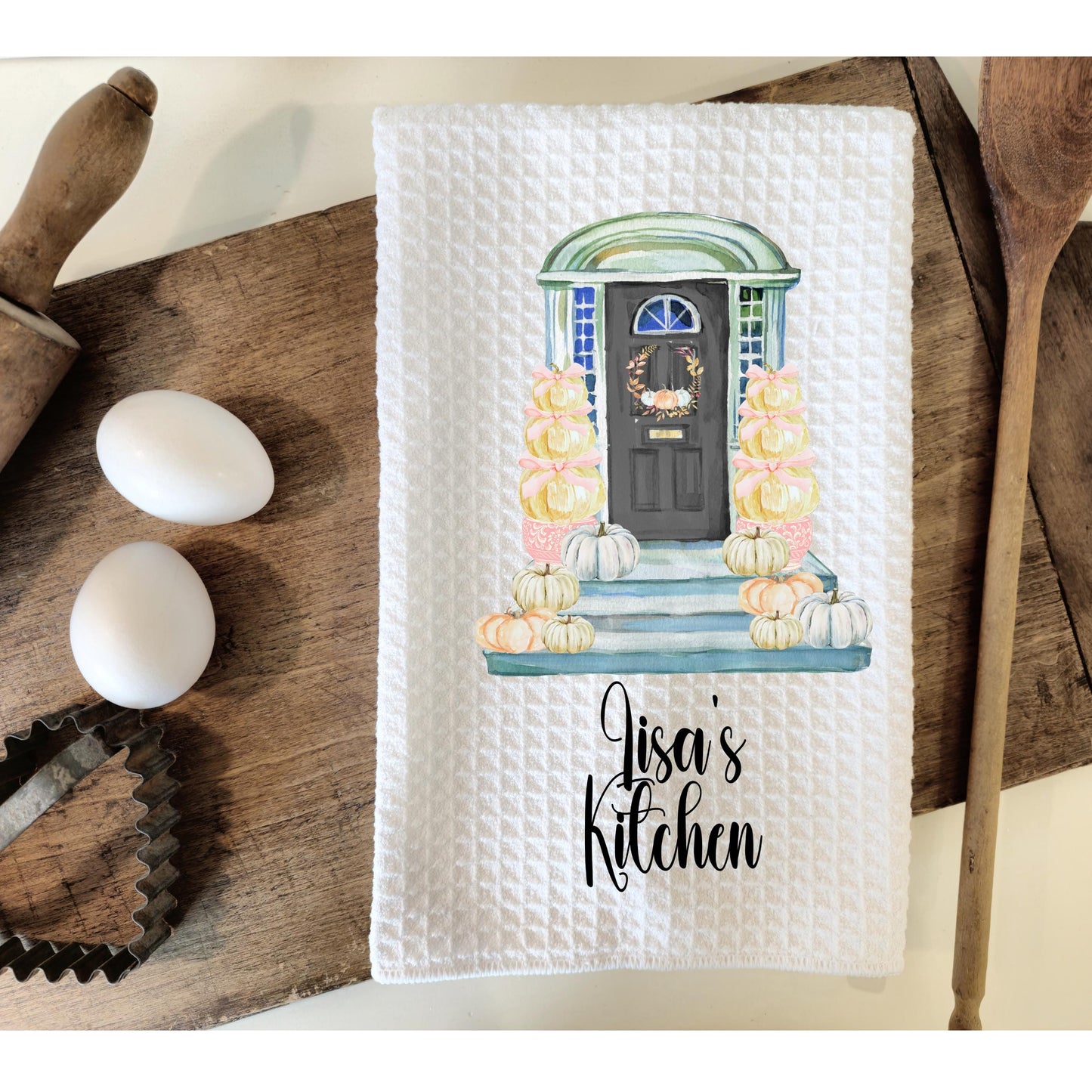 Personalized Fall Front Door Towel with Autumn Porch Scene - Perfect Thanksgiving Hostess Gift