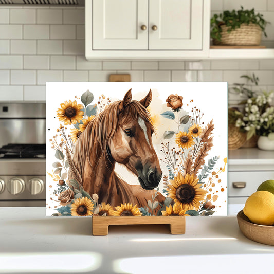 Horse and Sunflower Tempered Glass Cutting Board - Perfect Gift for Horse Lovers 11x15 Farmhouse Kitchen Decor