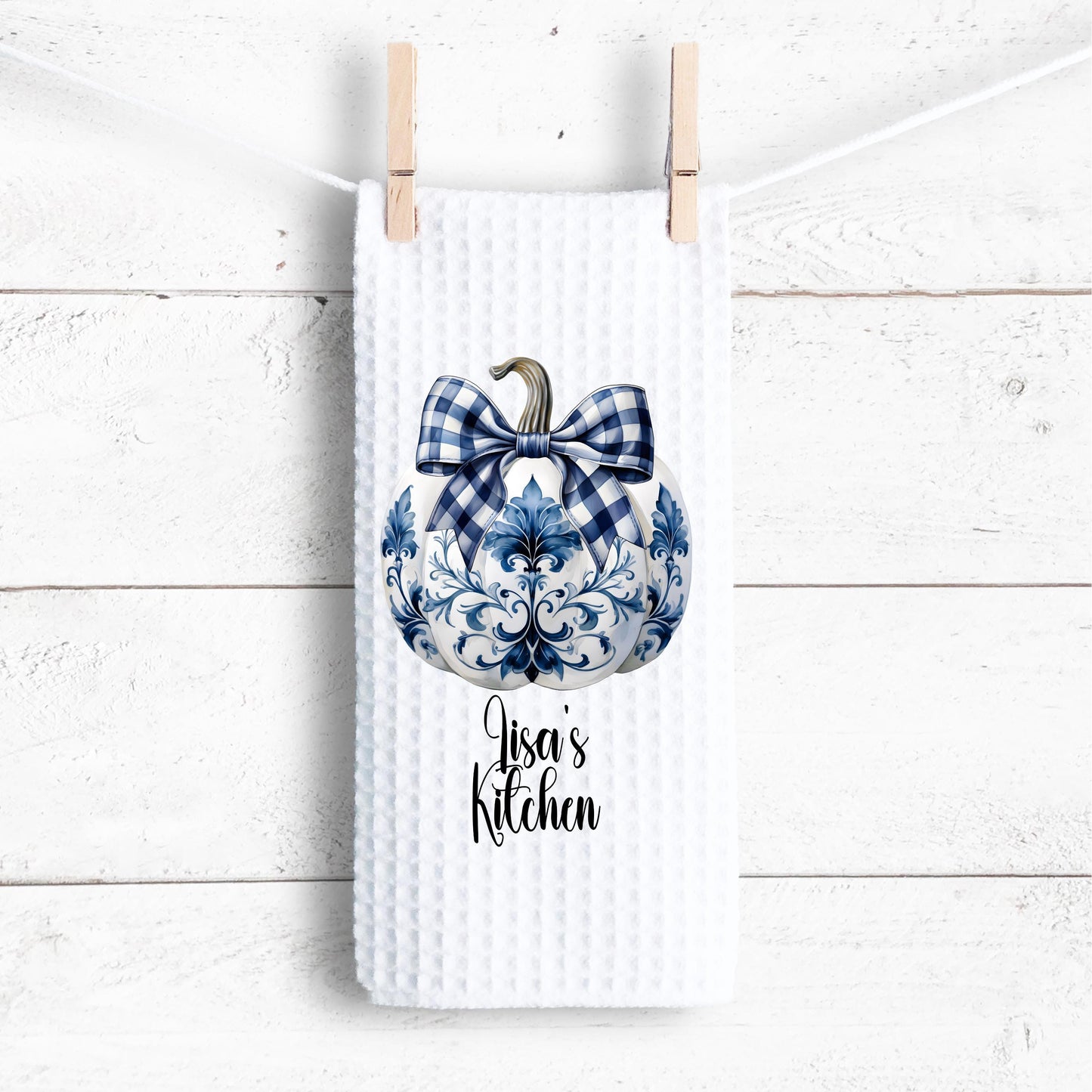 Personalized Chinoiserie Pumpkin Waffle Towel - Unique Hostess Gift