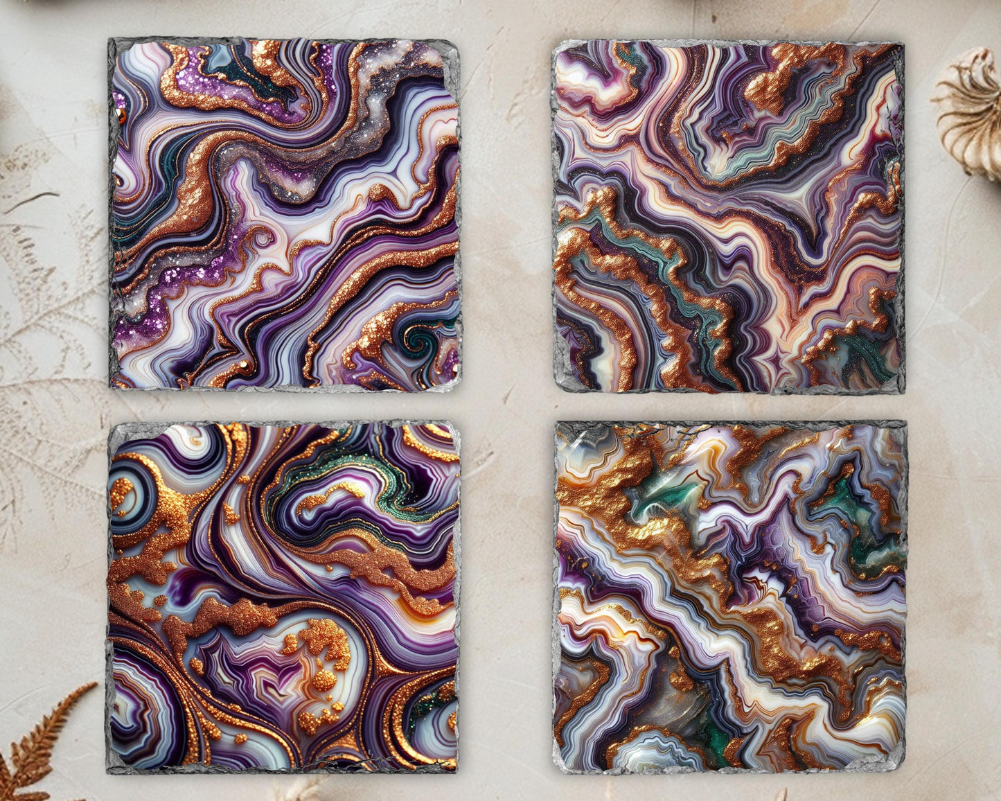 Mardi Gras Coaster Set of 4 - Purple Gold Glitter Green Agate Perfect Boho Housewarming Gift