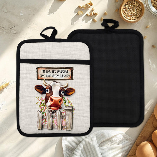 Funny Cow Pot Holder with Quirky Fence Design  Flowers - Im Fine Everyone Else Needs Therapy Linen Hot Pad