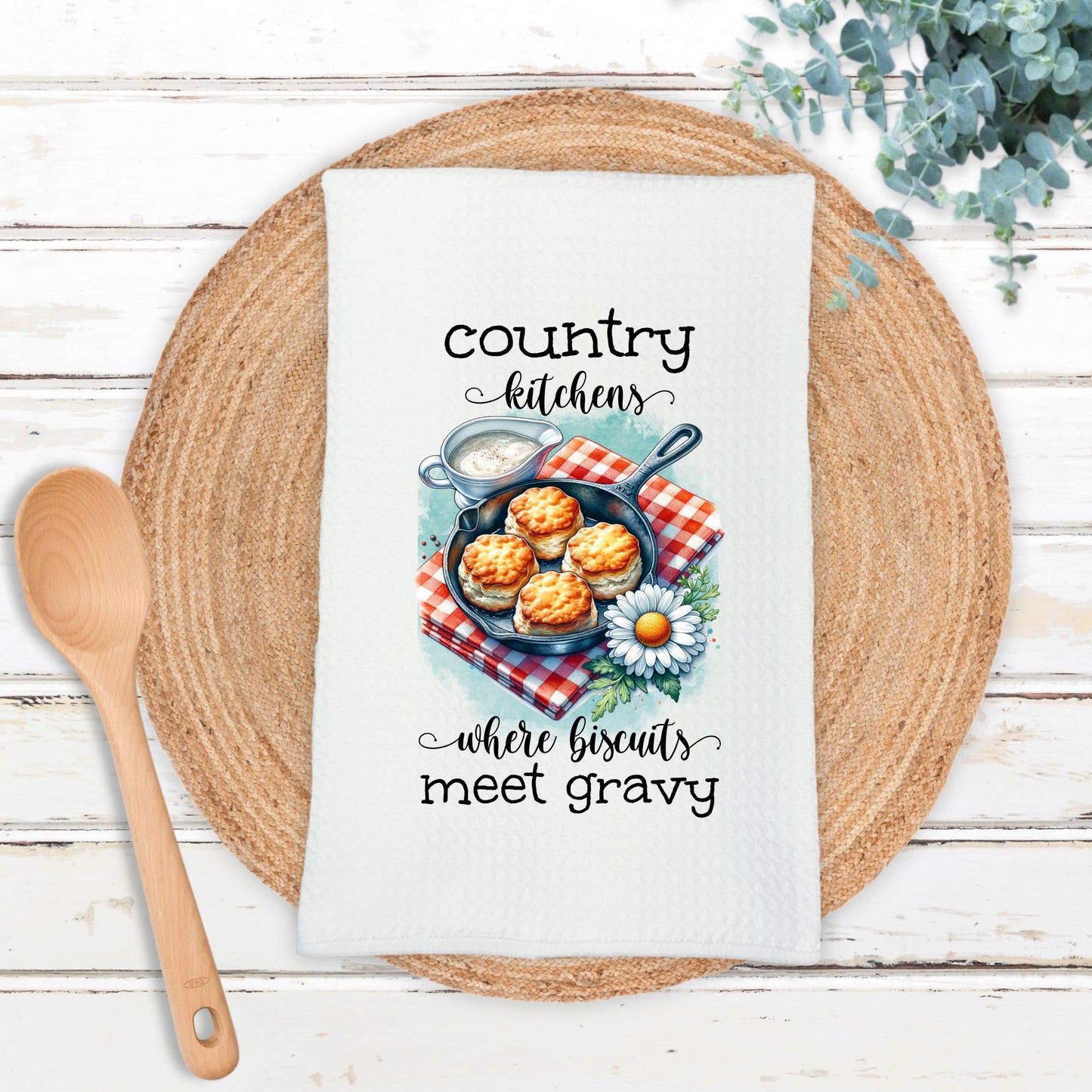 Country Kitchen Waffle Weave Towel - Rustic Farmhouse Charm for Mom Perfect Hostess Gift with Biscuit Theme