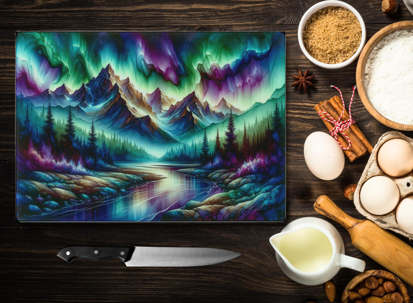 Mountain Northern Lights Glass Cutting Board - Unique Hostess Gift for Outdoor Lovers Perfect for Housewarming Charcuterie or Challah