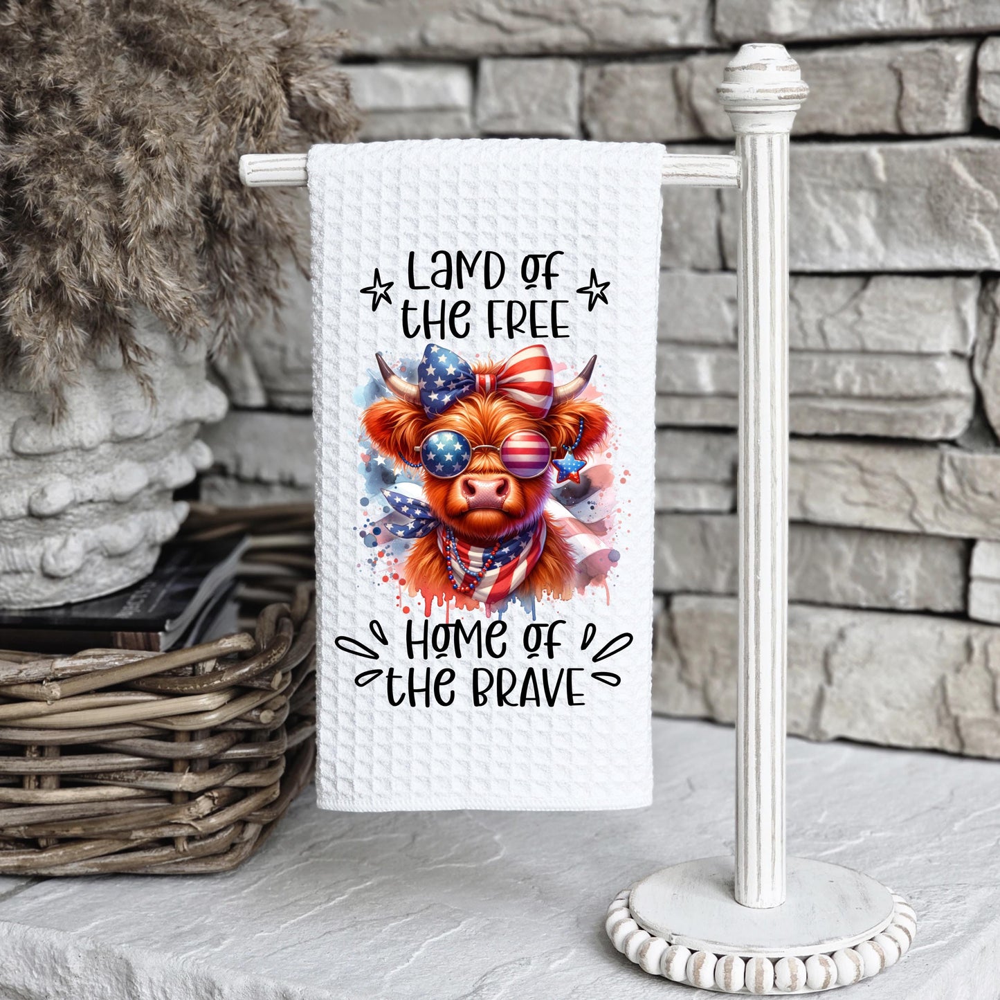 Patriotic Highland Cow Waffle Weave Towel - Unique Americana Kitchen Decor Hostess Gift for 4th of July