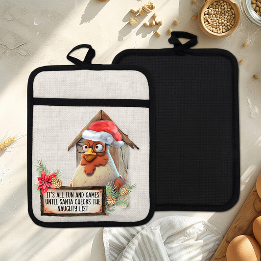 Funny Chicken Christmas Pot Holder with Naughty List Quote  Santa Hat - Rustic Linen Hot Pad for Festive Kitchen Decor