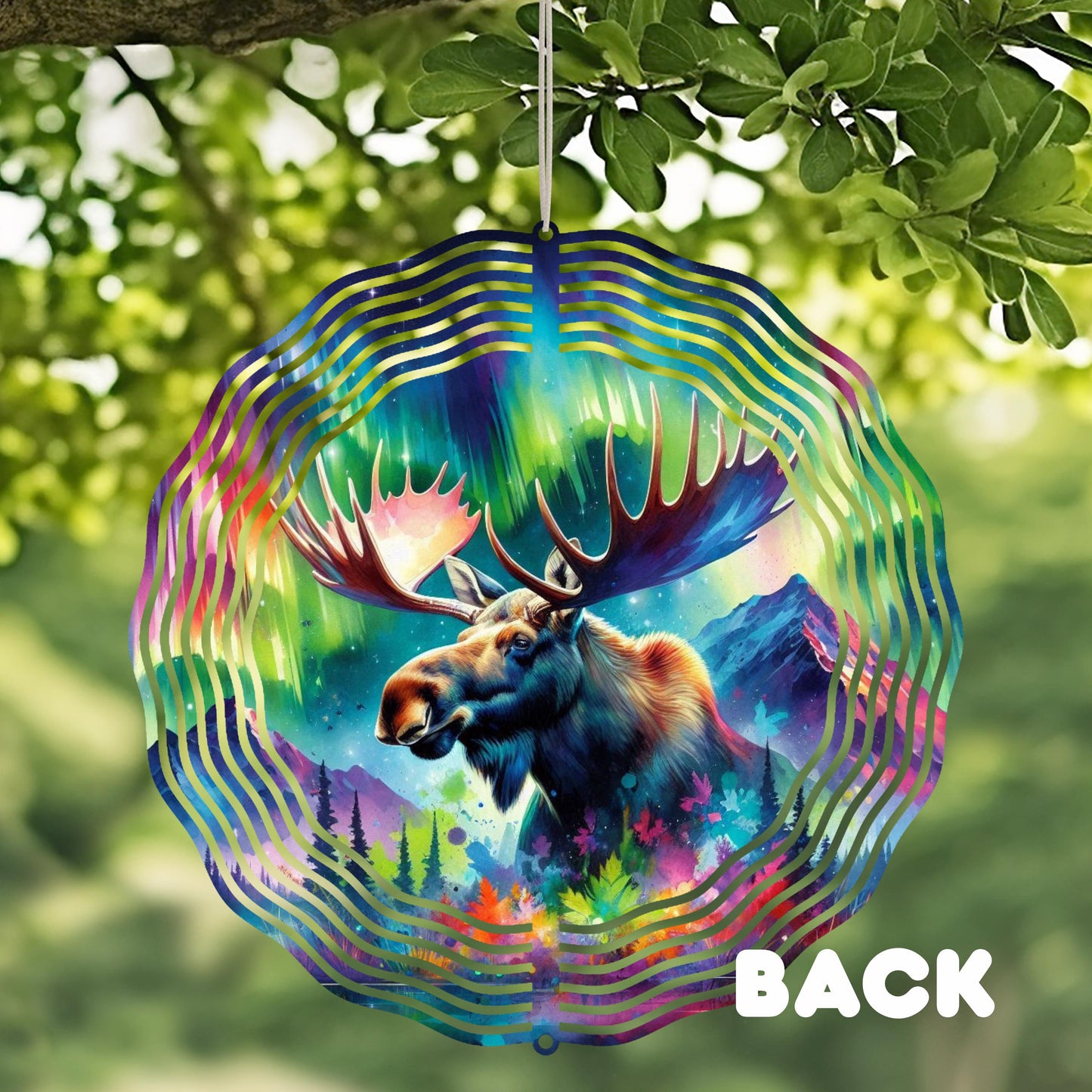 Double-Sided Moose Head Wind Spinner - 10x10 Watercolor Forest Northern Lights Art