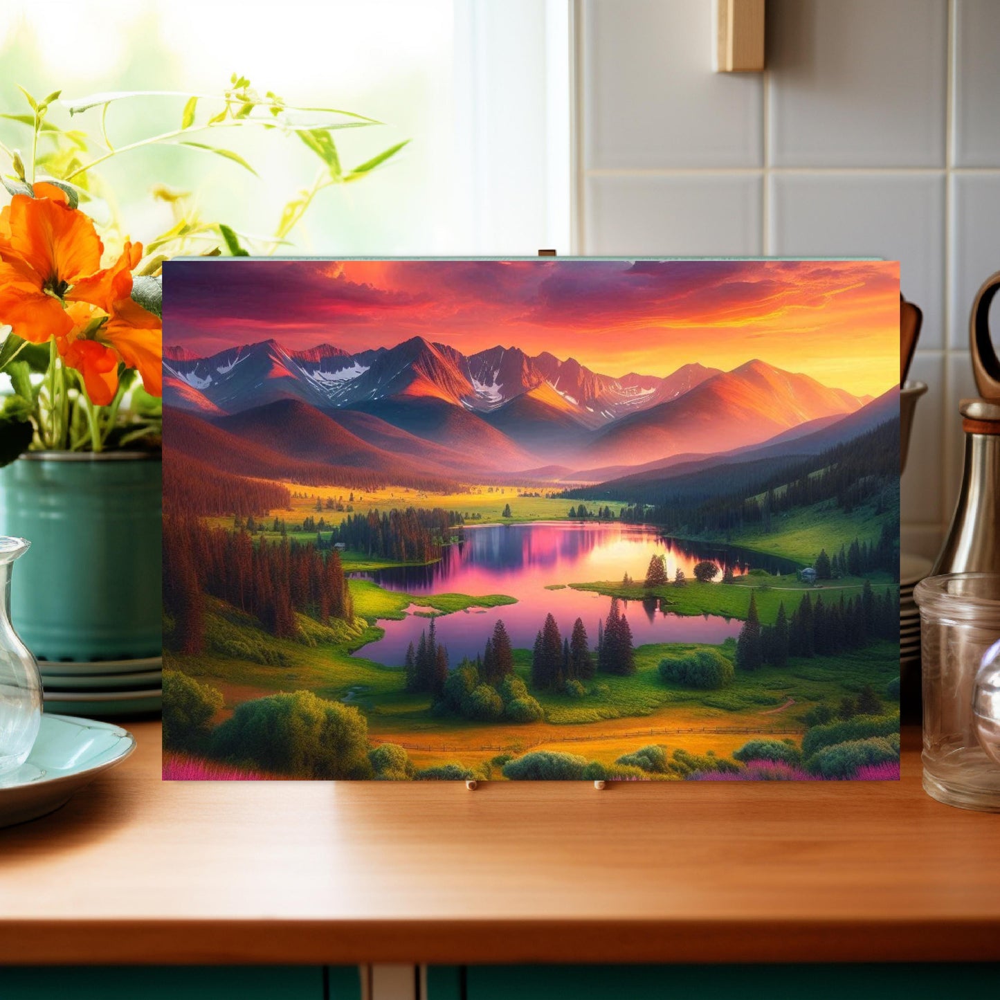 Mountain Lake Sunset Glass Cutting Board - Nature-Inspired Housewarming Gift