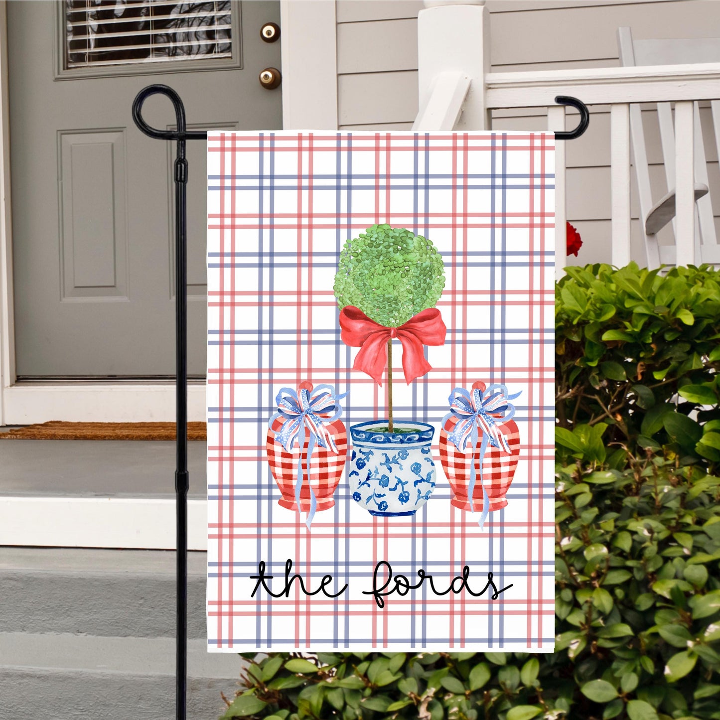 Custom 4th of July Garden Flag - Preppy Chinoiserie Topiary Design for Housewarming Gifts
