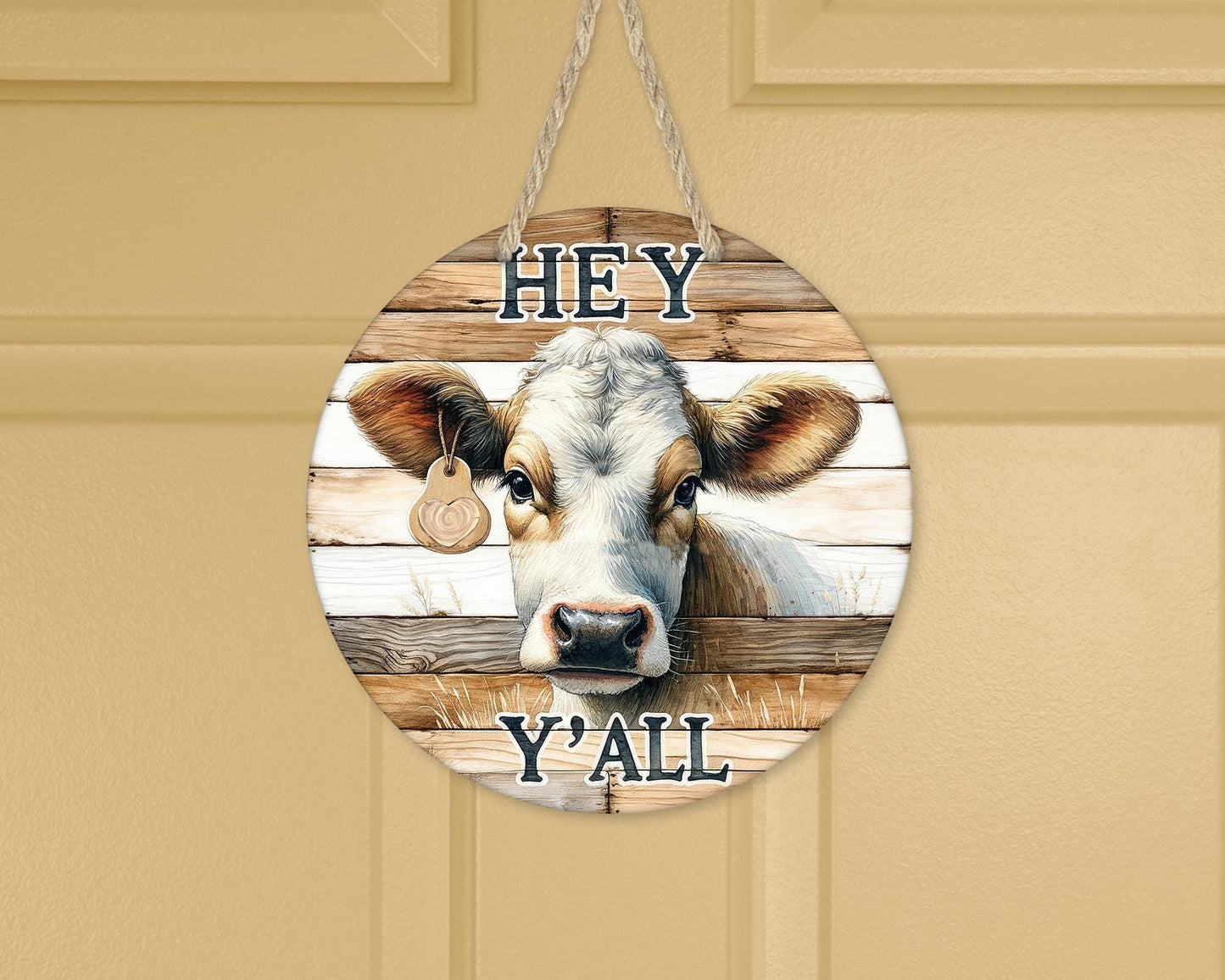 Farmhouse Round Door Wreath with Cow Decor Hey Yall Sign - Unique Gift for Cow Lovers Front Porch New Home Decor