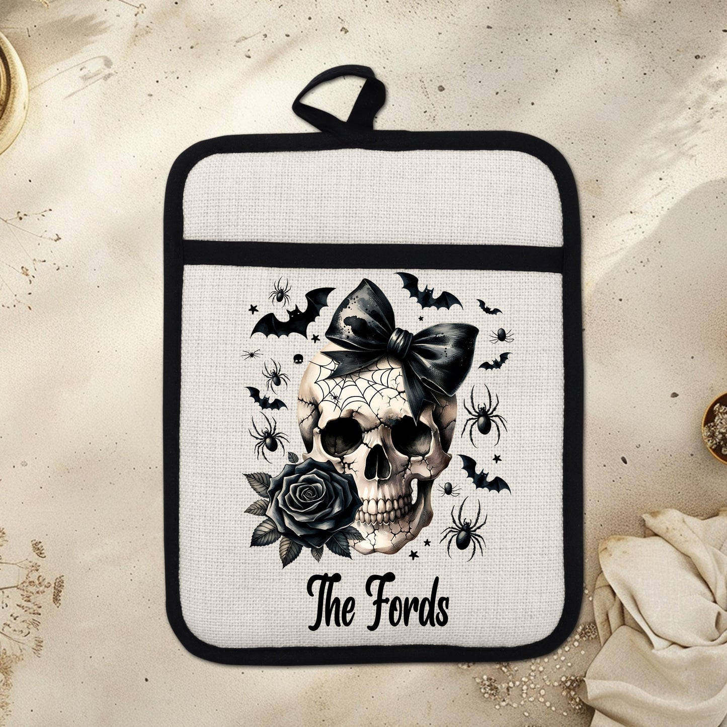 Personalized Skull Pot Holder - Gothic Halloween Decor for a Witchy Kitchen Gift