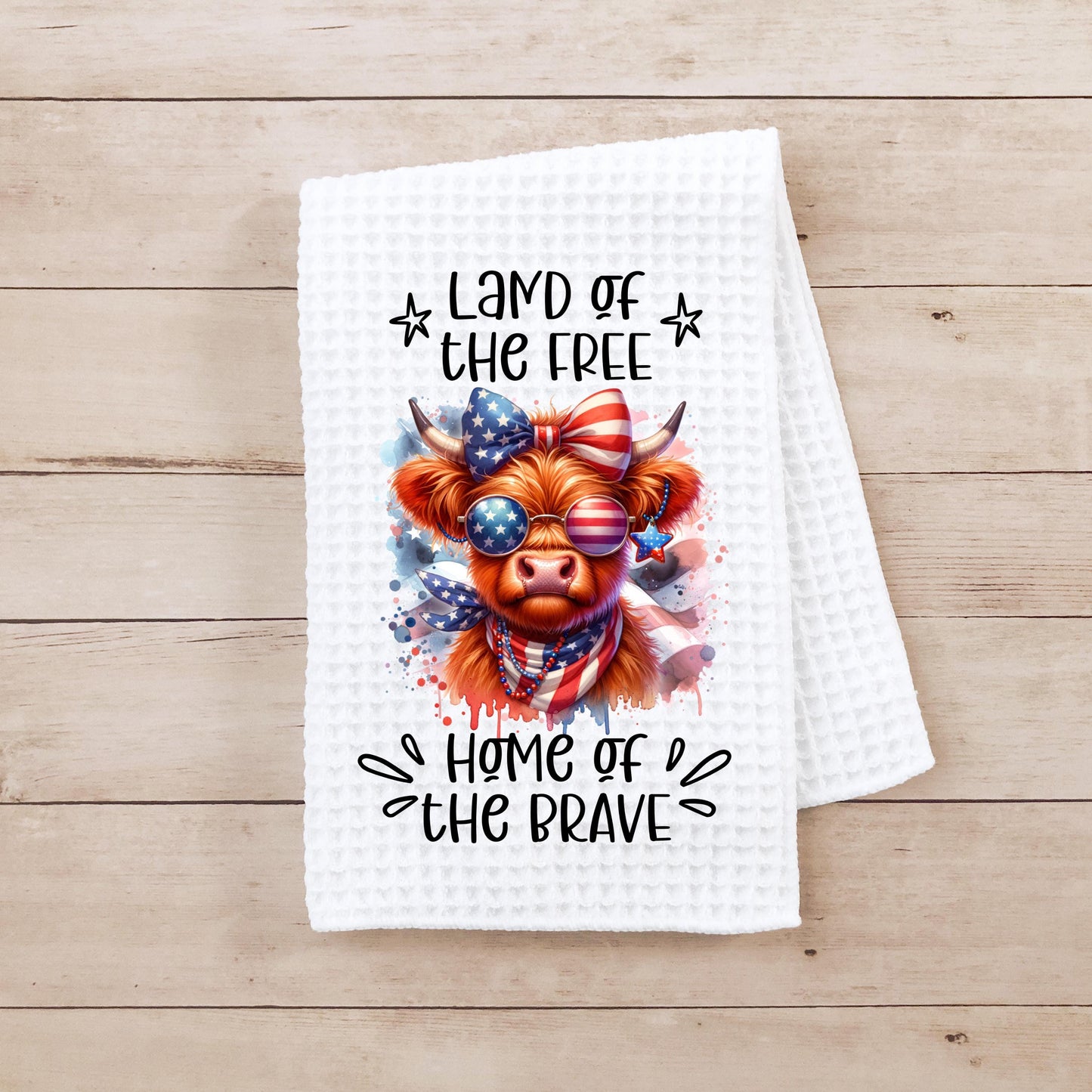 Patriotic Highland Cow Waffle Weave Towel - Unique Americana Kitchen Decor Hostess Gift for 4th of July
