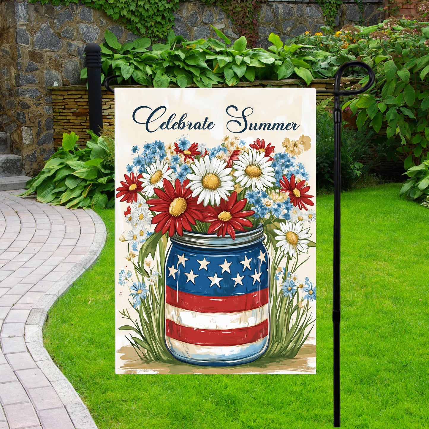 Patriotic Mason Jar Garden Flag, Celebrate Summer Design,