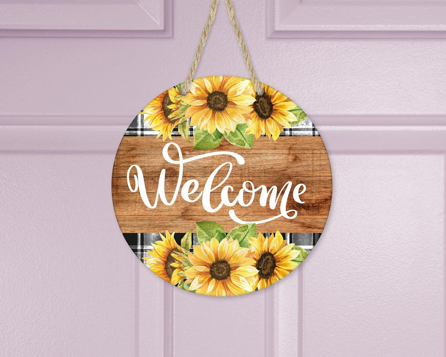 Aluminum Welcome Sign with Buffalo Plaid and Sunflowers - Unique Front Door Decor Housewarming Gift