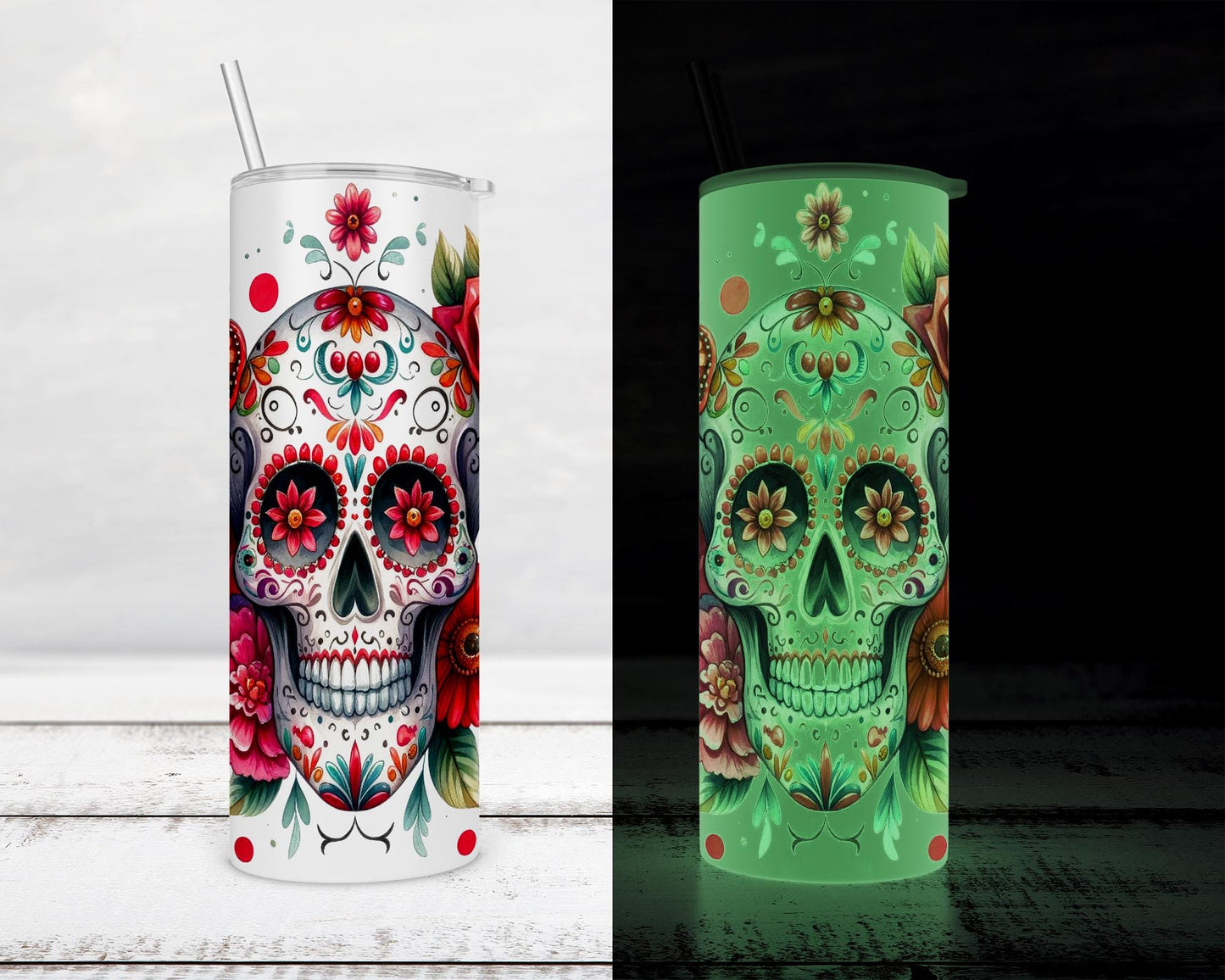 Glow-in-the-Dark Sugar Skull Tumbler - Unique Spooky Chic Gift