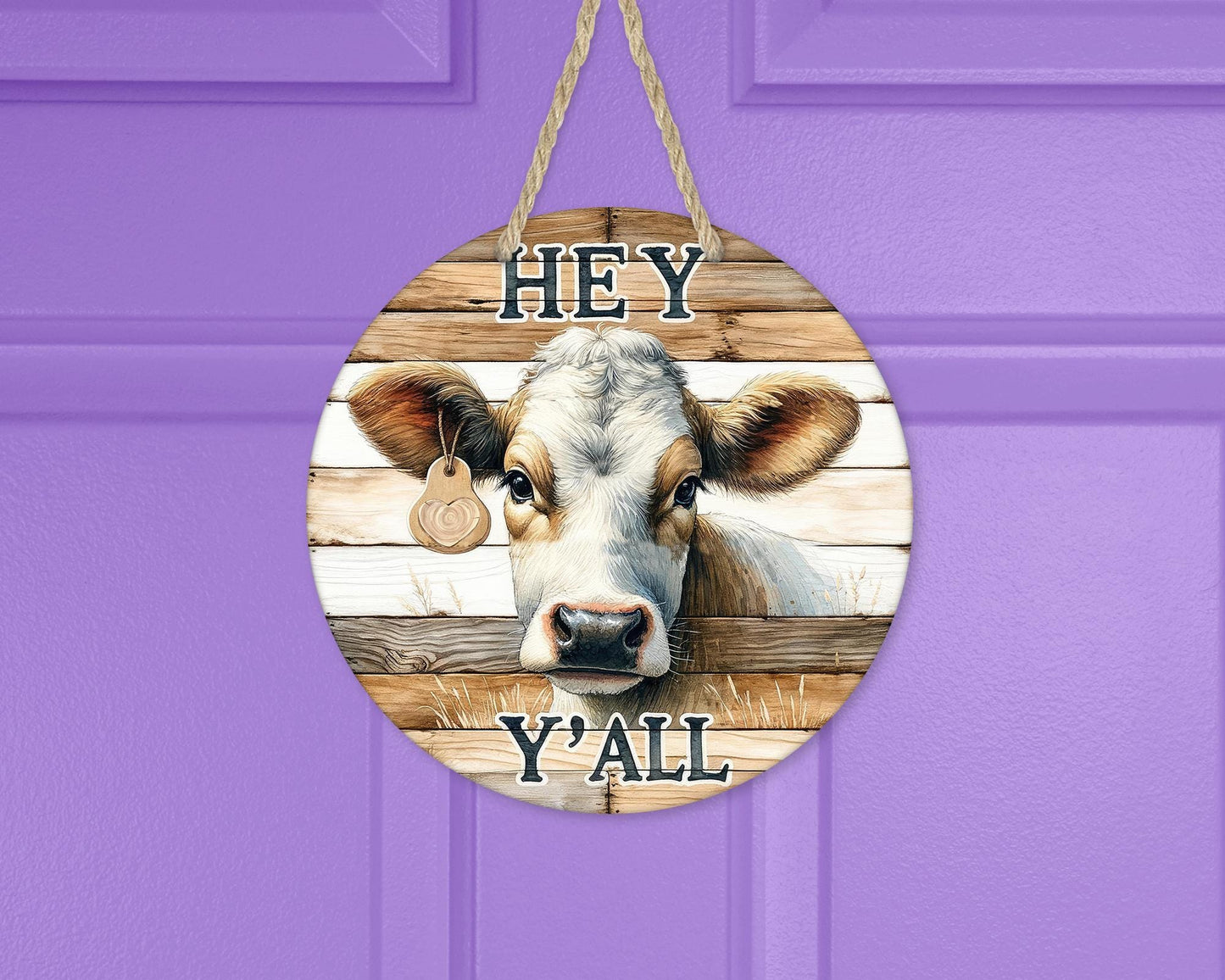 Farmhouse Round Door Wreath with Cow Decor Hey Yall Sign - Unique Gift for Cow Lovers Front Porch New Home Decor