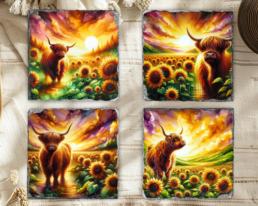 Highland Cow Slate Coaster Set with Sunflower Meadow Design  Unique Fractured Edges