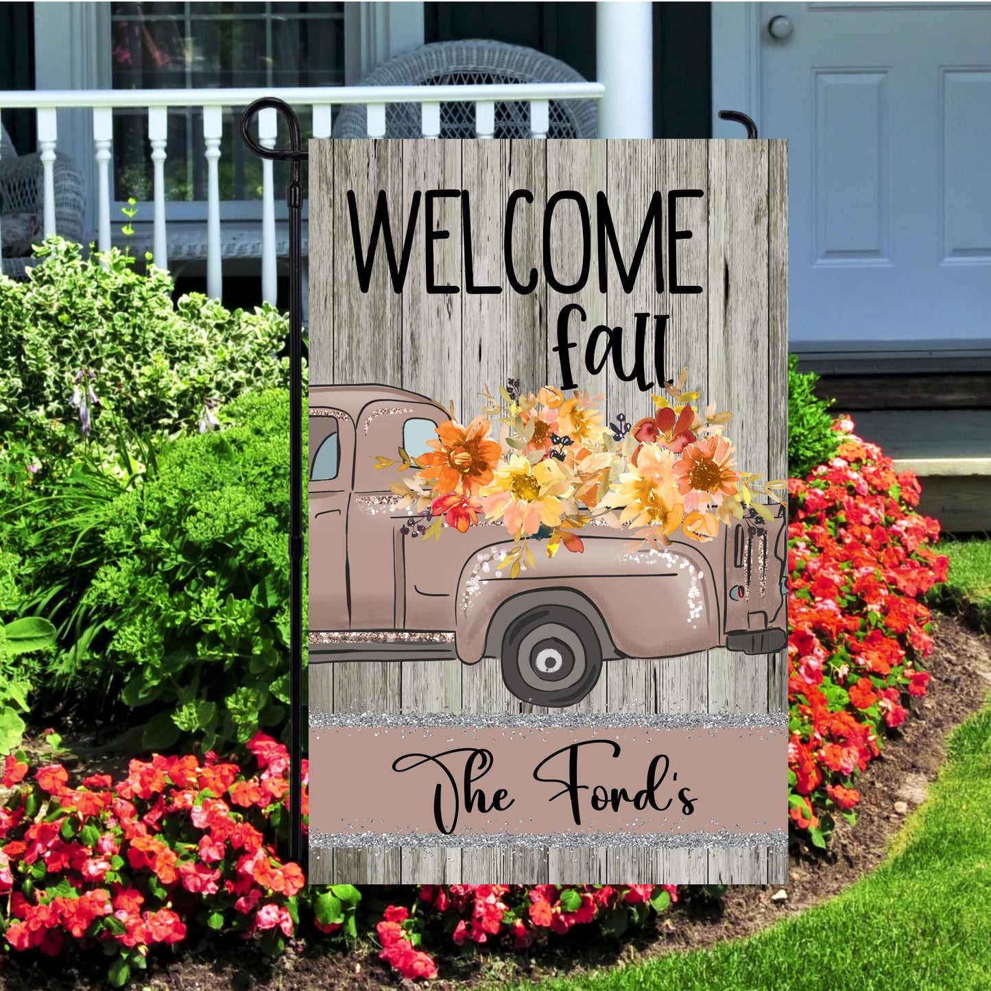 Rustic Wood Truck Garden Flag - Custom Double-Sided Fall Decor 12x18 Inch
