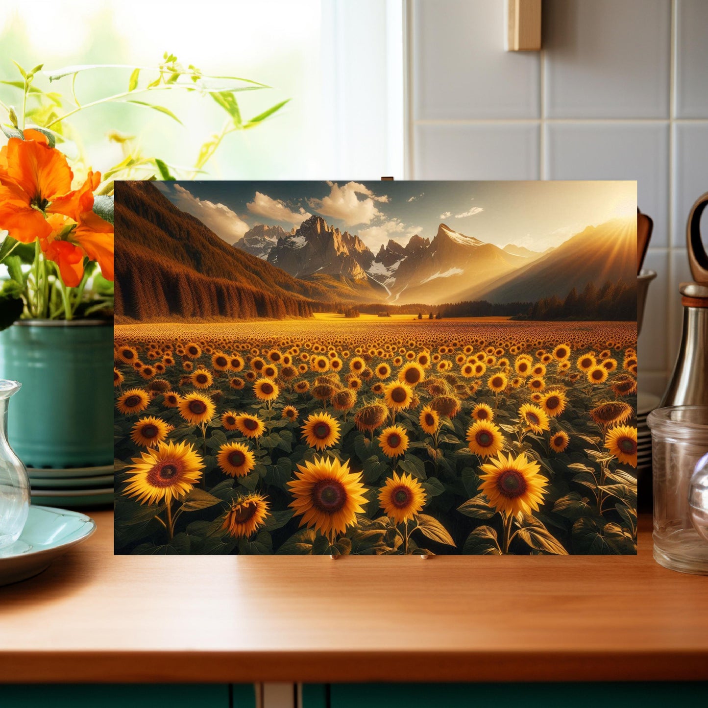 Sunflower Mountain Glass Cutting Board with Sunset Landscape Design