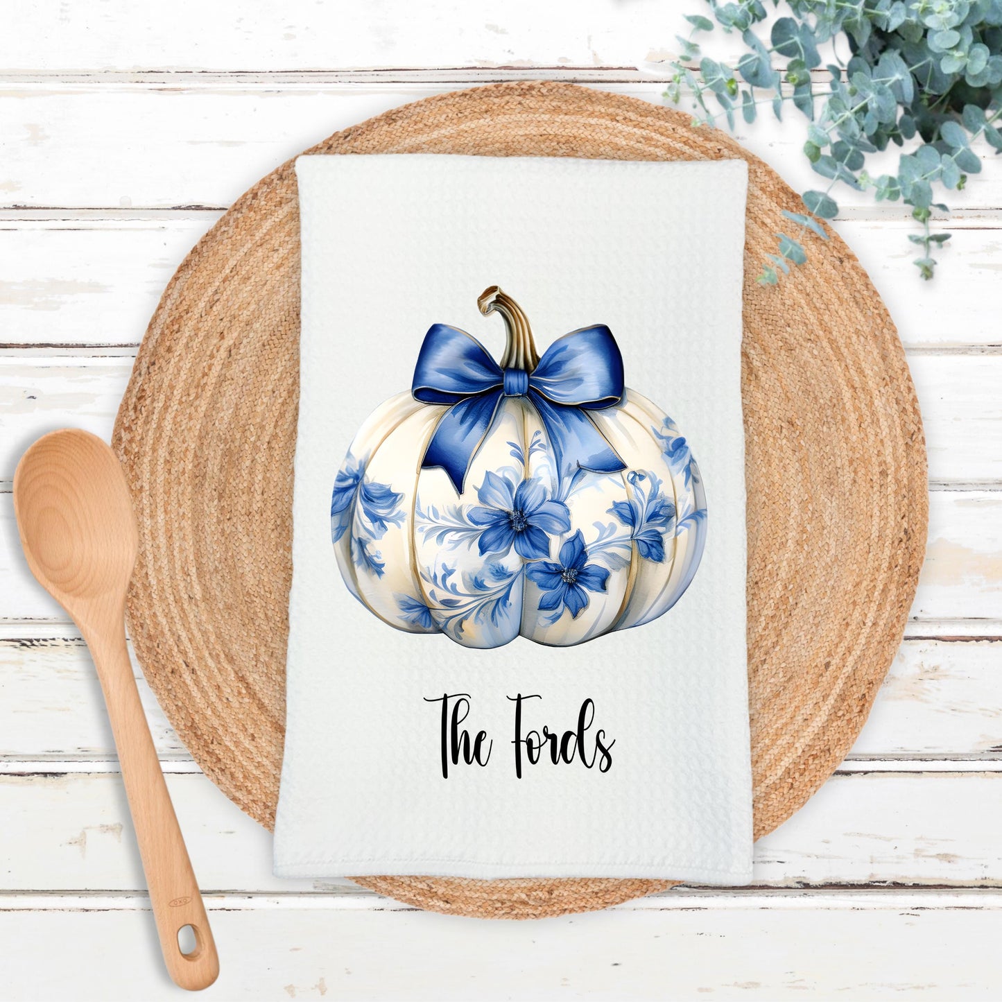 Custom Waffle Weave Towel with Chinoiserie Coquette Pumpkin Blue Bow Design
