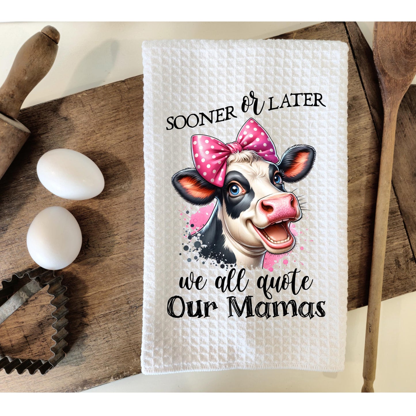 Witty Cow Head Kitchen Towel with Pink Bow Fun Quote for Moms Unique Gift for Daughters