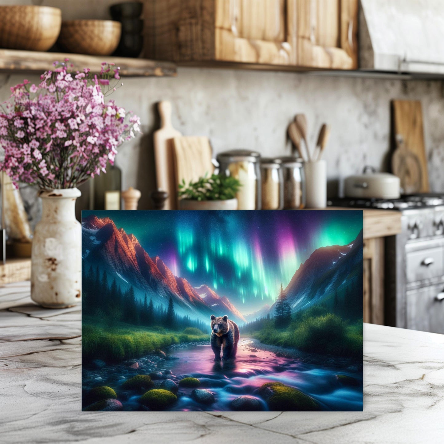 Tempered Glass Cutting Board with Northern Lights Design Perfect Gift for Bear Lovers Hostess Housewarming Ideal Kitchen Decor for Moms