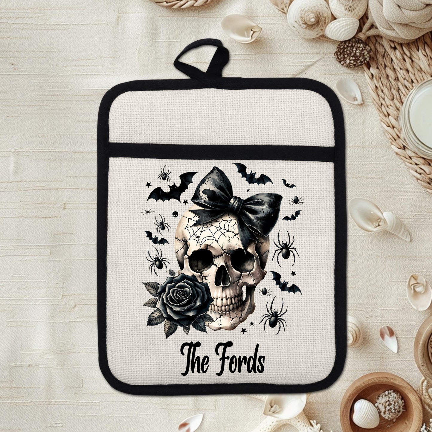 Personalized Skull Pot Holder - Gothic Halloween Decor for a Witchy Kitchen Gift