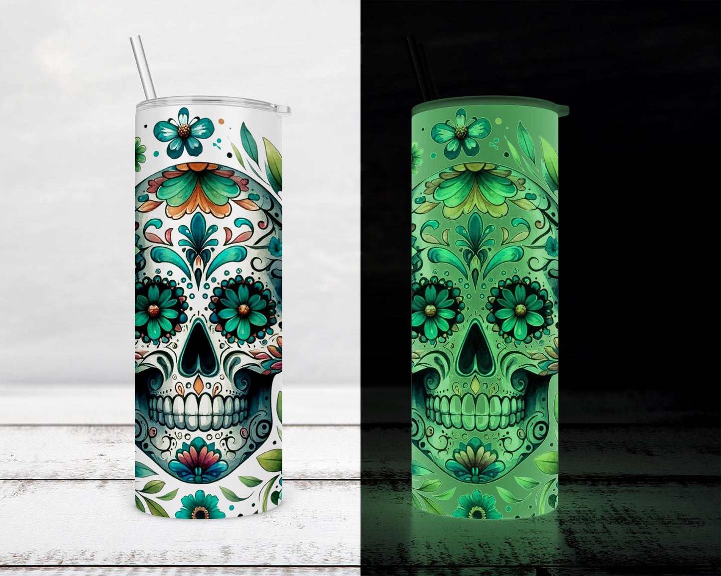 Glow-in-the-Dark Teal Sugar Skull Tumbler - Unique Spook Chic Drinkware Gift