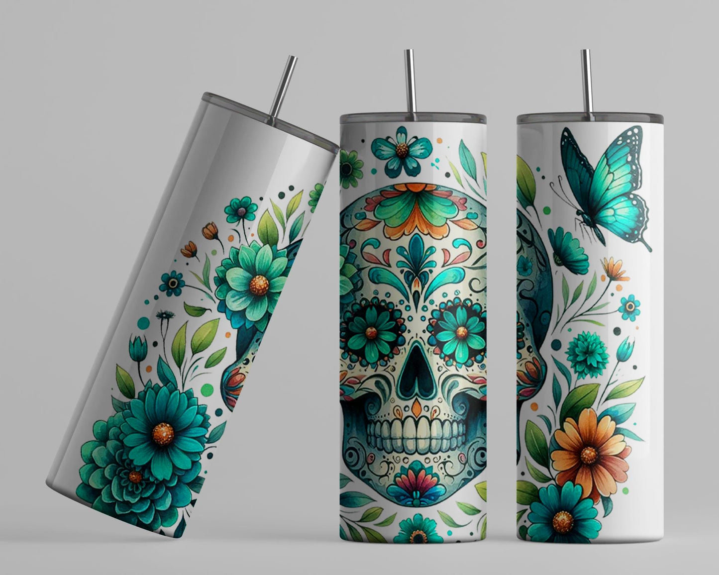 Glow-in-the-Dark Teal Sugar Skull Tumbler - Unique Spook Chic Drinkware Gift