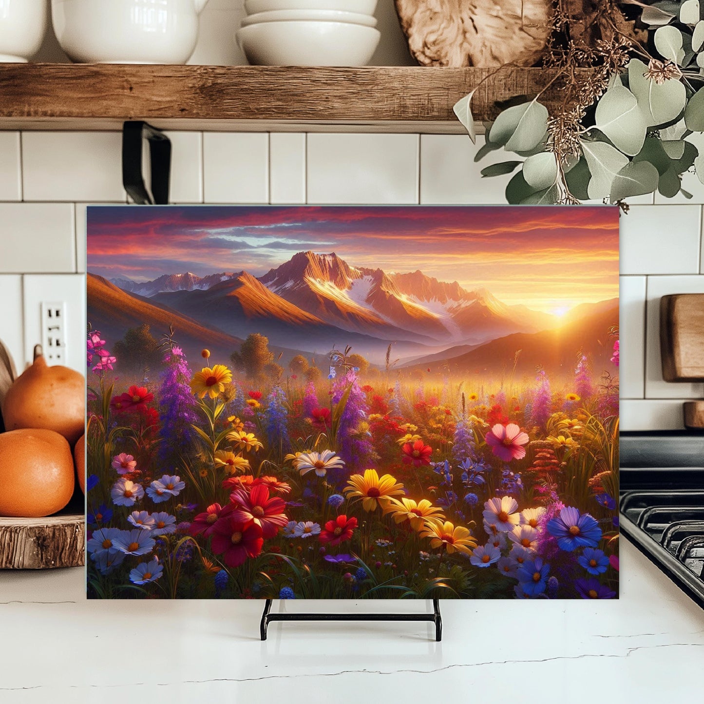 Mountain Valley Sunset Cutting Board with Wildflowers Snow-Capped Peaks - Perfect Gift for Outdoor Lovers Hostess