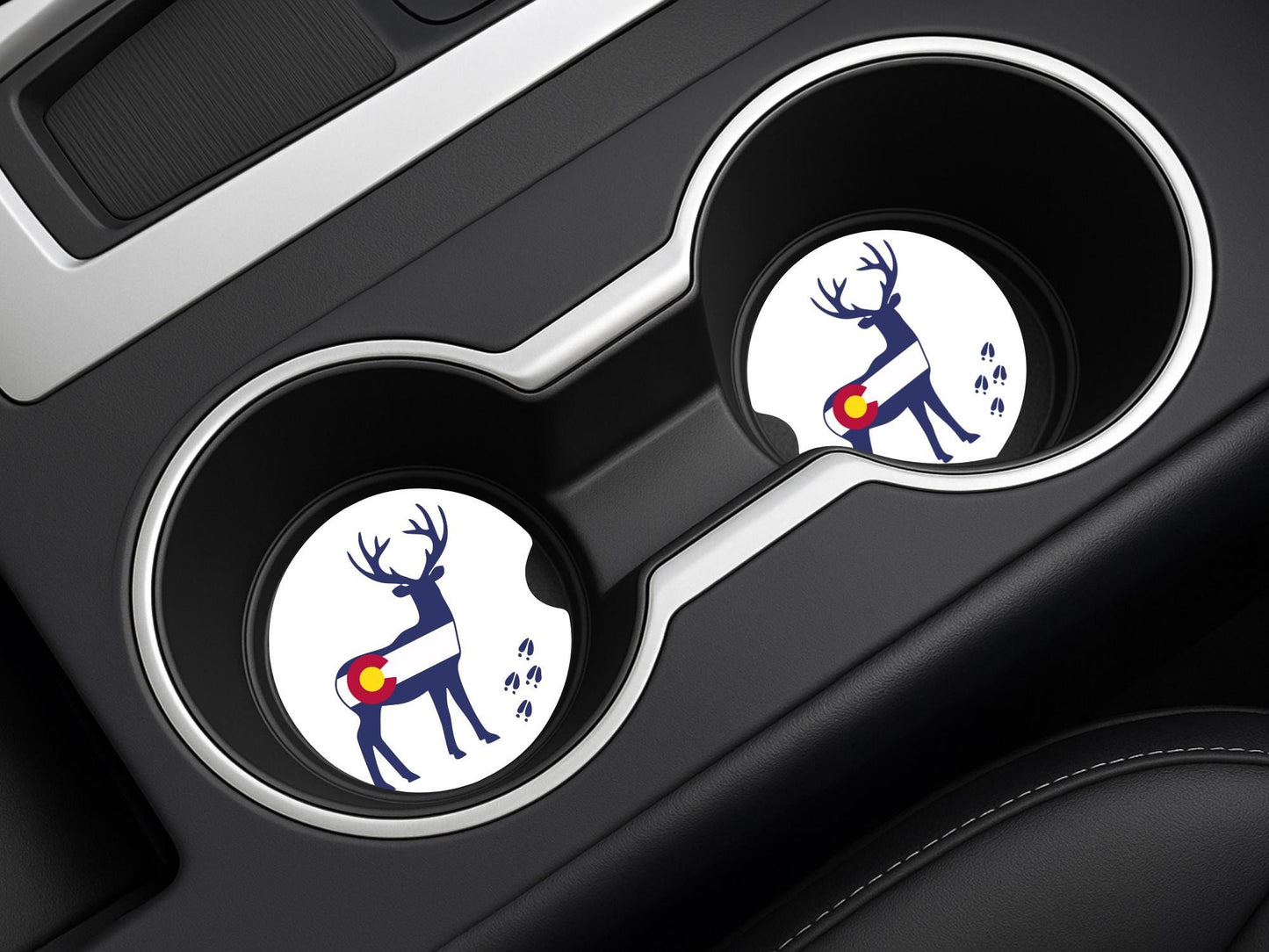 Whimsical Deer Print Car Coasters - Set of 2, Colorado Logo, Sandstone Coasters