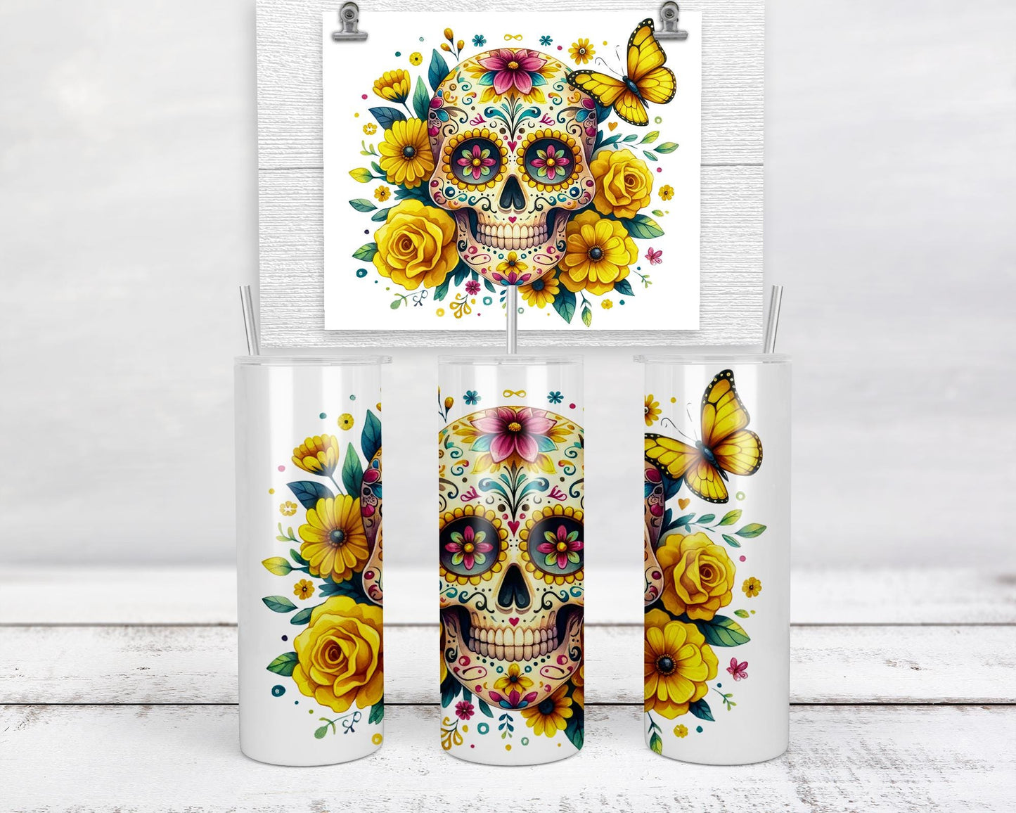 20oz Magical Glow Skull Tumbler - Unique Yellow Sugar Skull Cup for Spooky Chic Gifts