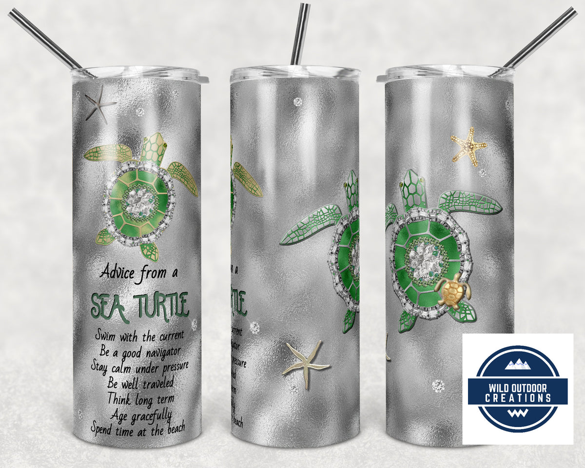 Sea Turtle Tumbler, 20Oz Stainless Steel Silver Sublimation, Lid & Straw