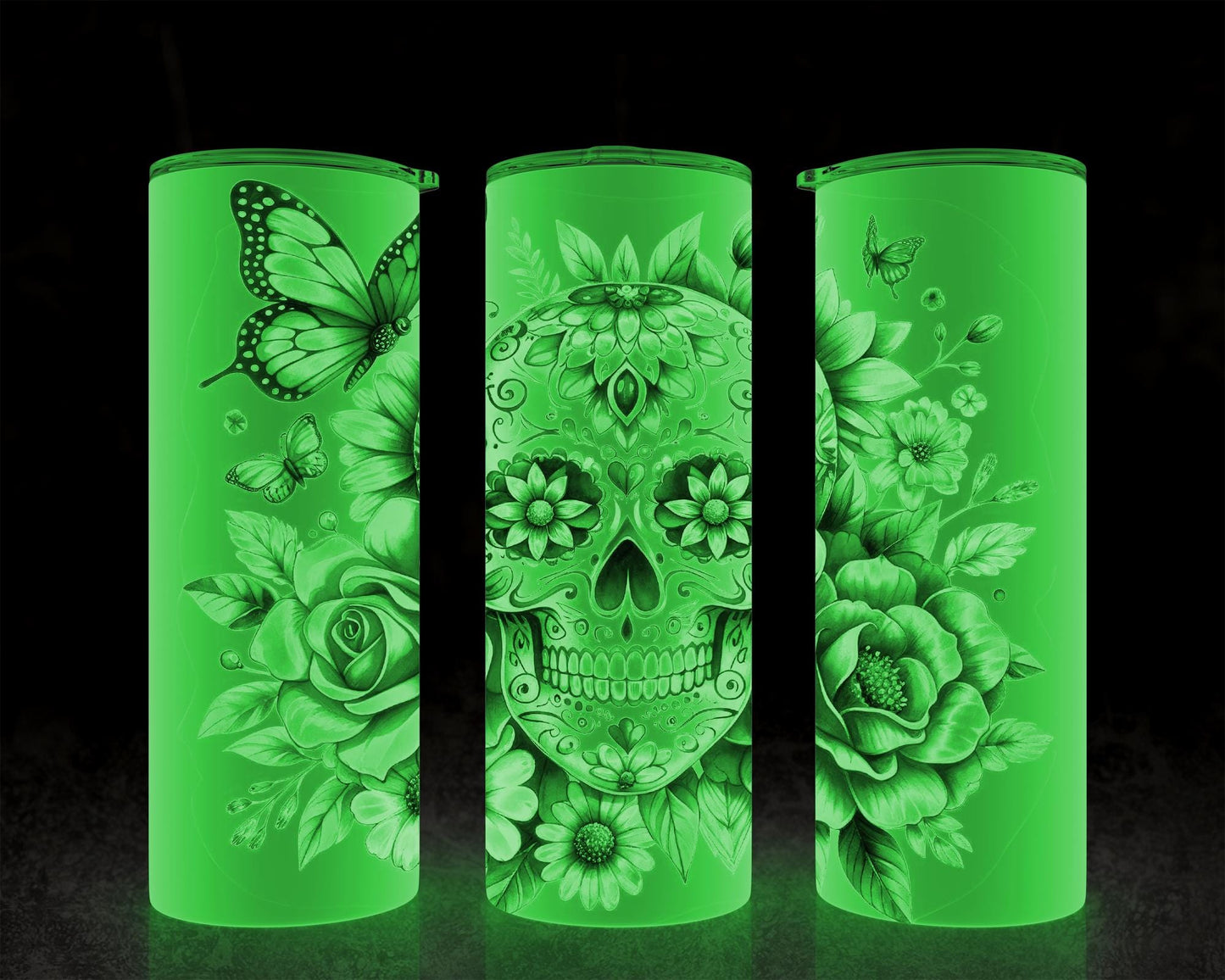 Glow-in-the-Dark Sugar Skull Tumbler Perfect Unique Gift for Spooky Chic Enthusiasts