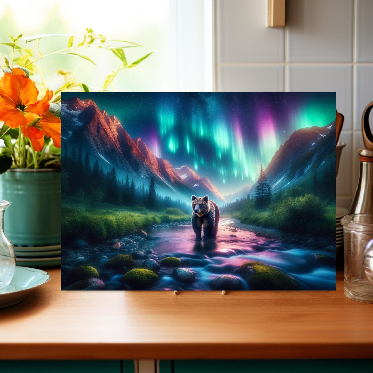 Tempered Glass Cutting Board with Northern Lights Design Perfect Gift for Bear Lovers Hostess Housewarming Ideal Kitchen Decor for Moms