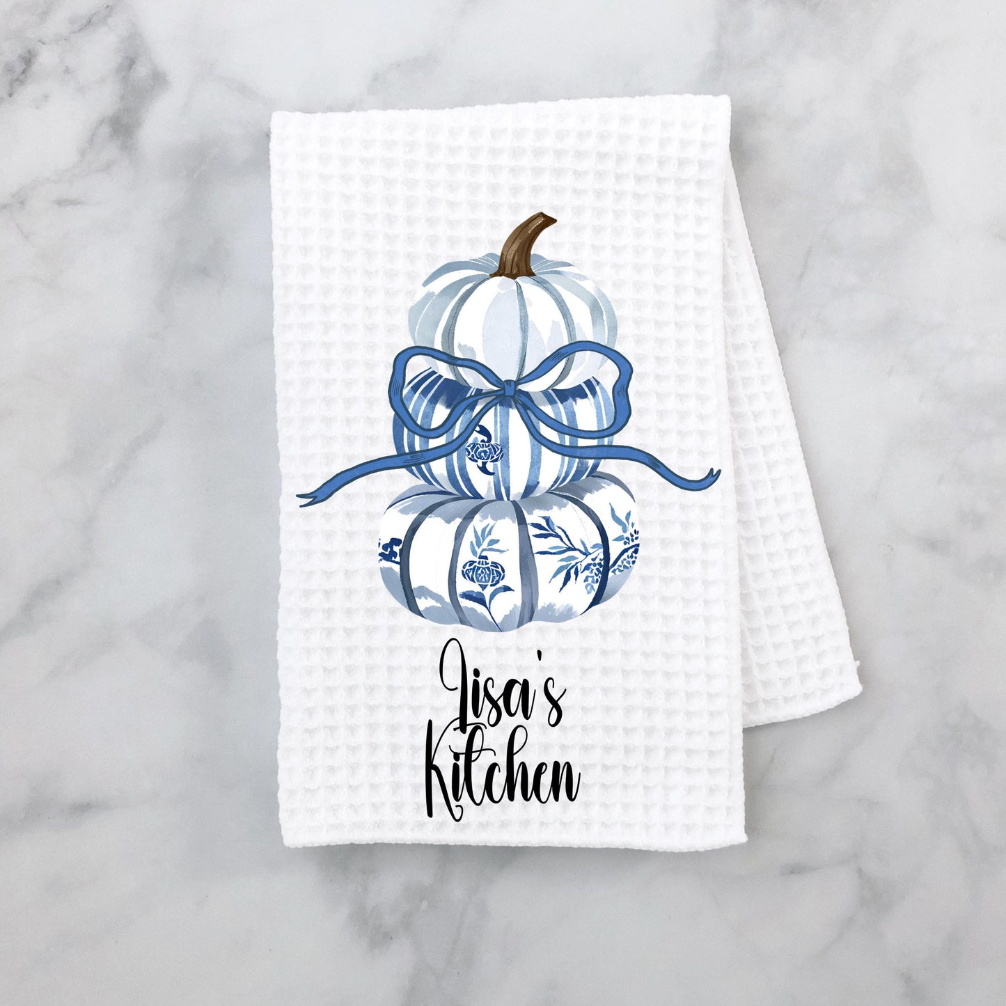 Personalized Blue Pumpkin Topiary Towel - 16x24 Waffle Weave Microfiber with Bow for Chinoiserie Fall Decor