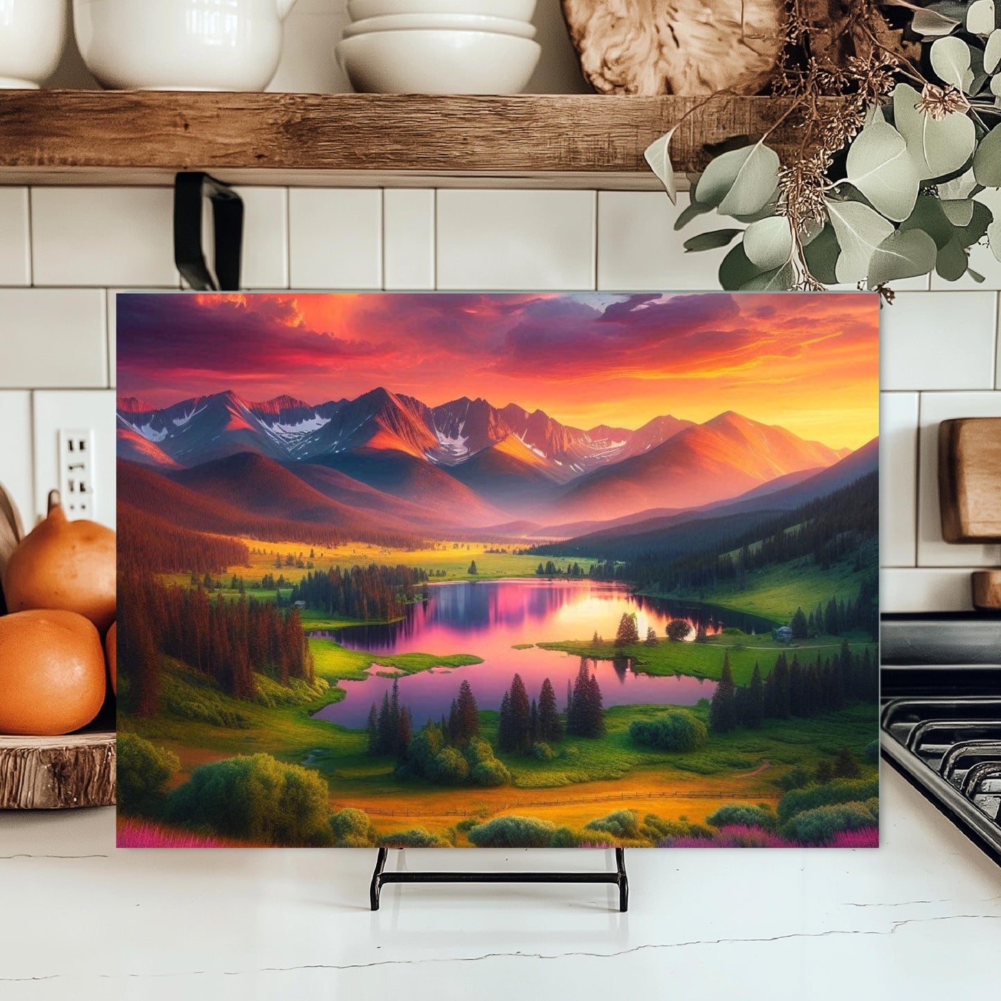 Mountain Lake Sunset Glass Cutting Board - Nature-Inspired Housewarming Gift