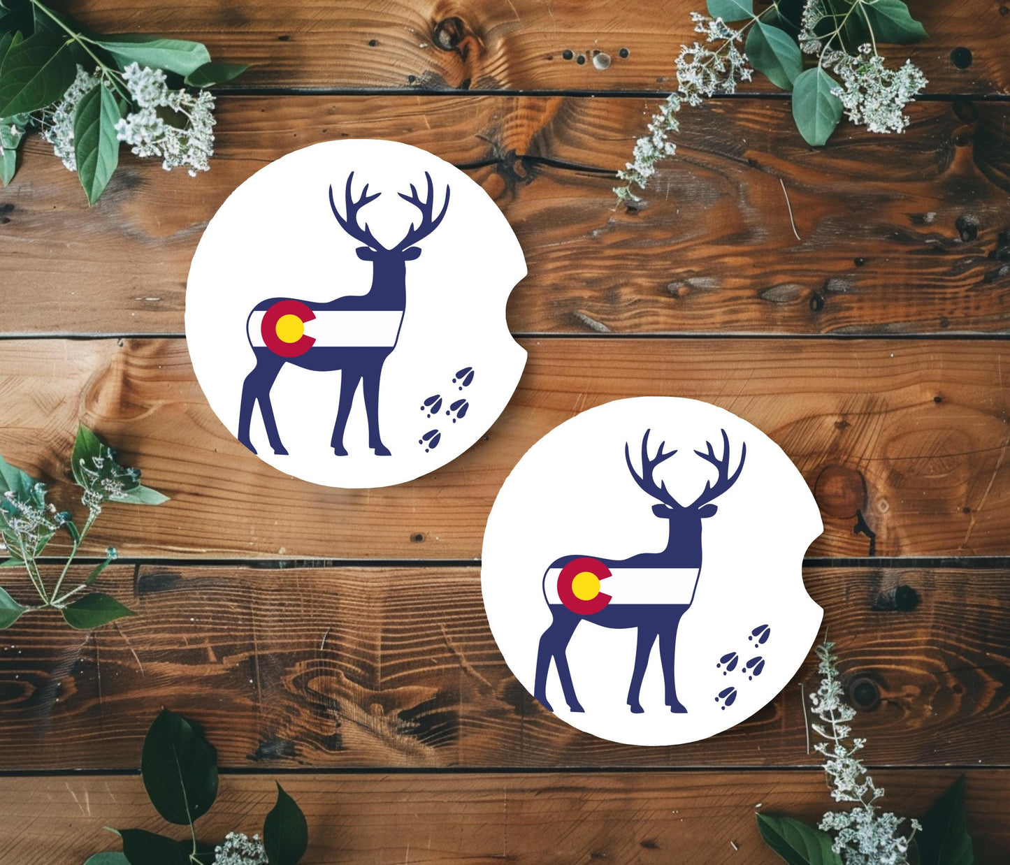 Whimsical Deer Print Car Coasters - Set of 2, Colorado Logo, Sandstone Coasters