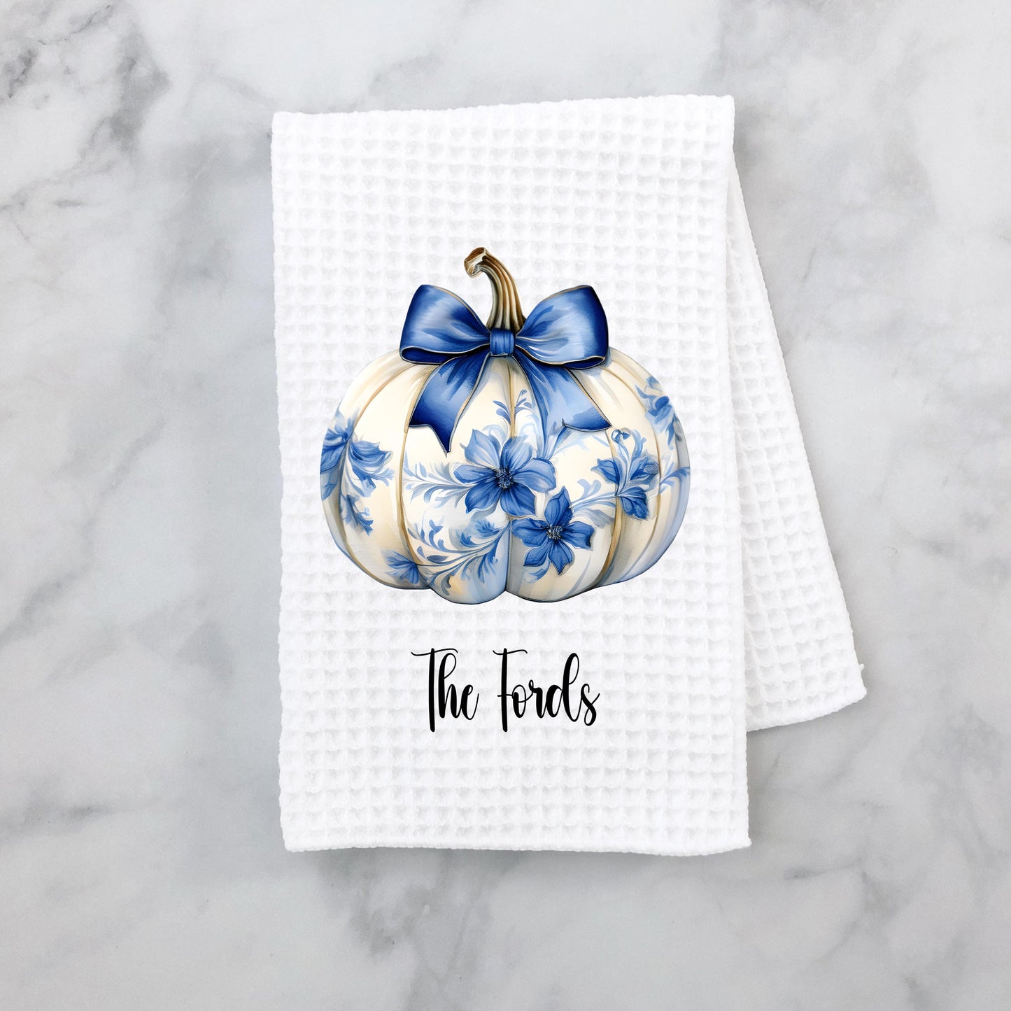 Custom Waffle Weave Towel with Chinoiserie Coquette Pumpkin Blue Bow Design