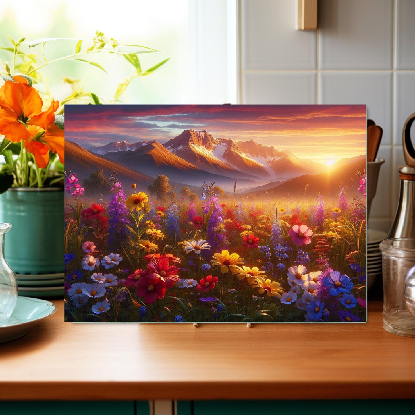 Mountain Valley Sunset Cutting Board with Wildflowers Snow-Capped Peaks - Perfect Gift for Outdoor Lovers Hostess