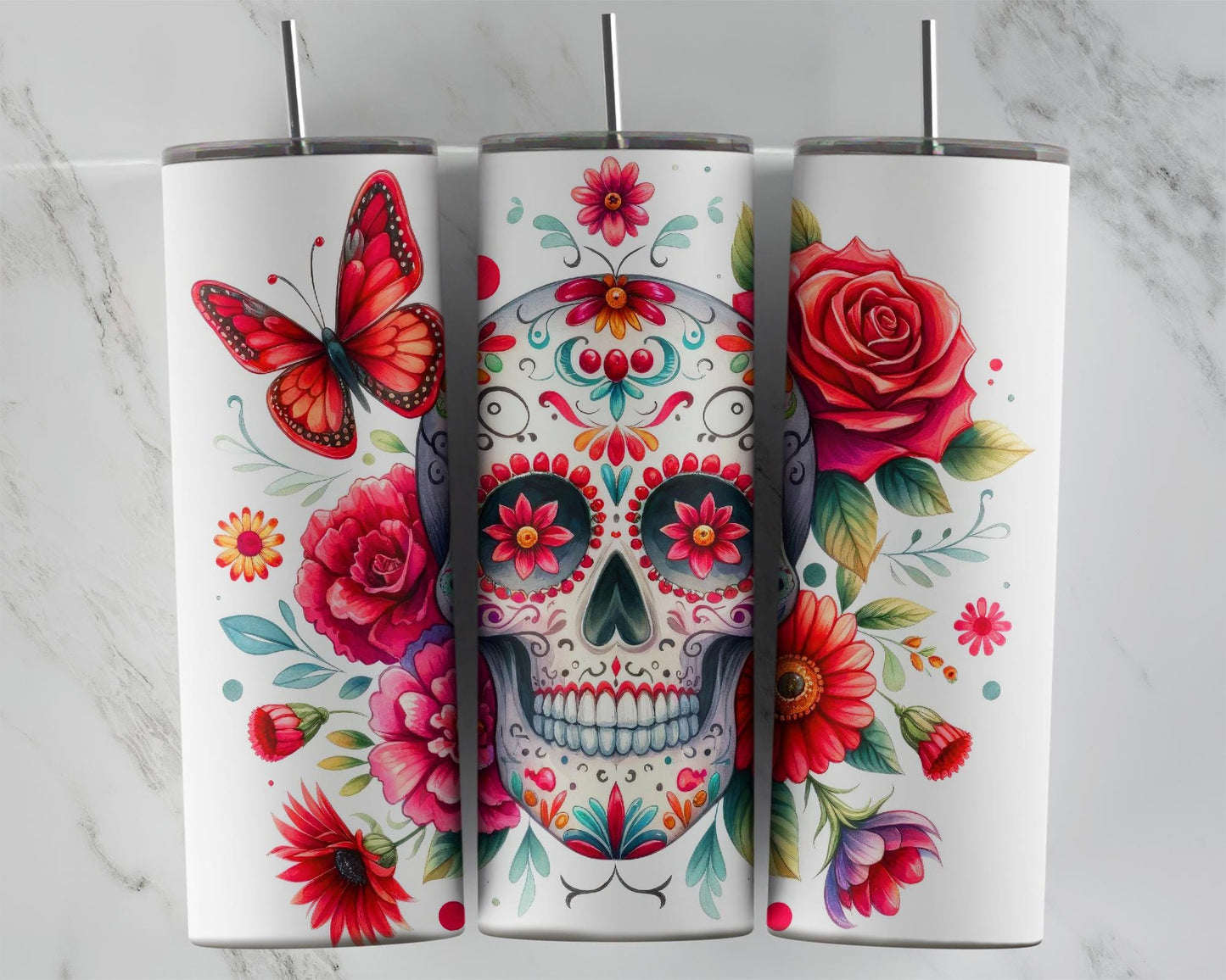 Glow-in-the-Dark Sugar Skull Tumbler - Unique Spooky Chic Gift