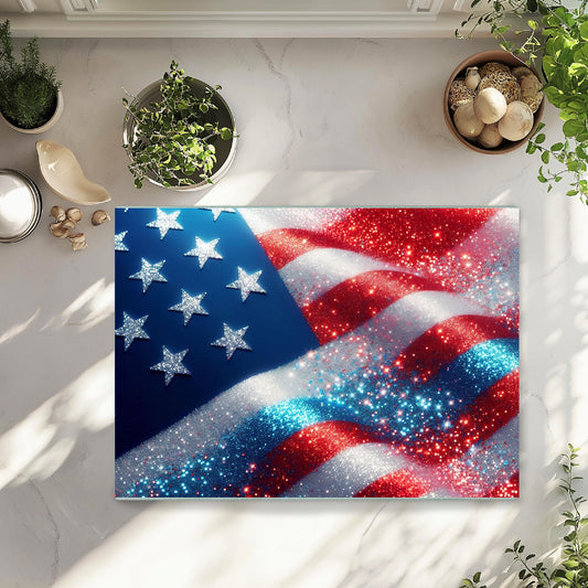 Patriotic Faux Glitter Cutting Board - Large Glass Kitchen Board for Hostess Gifts  Countertop Decor