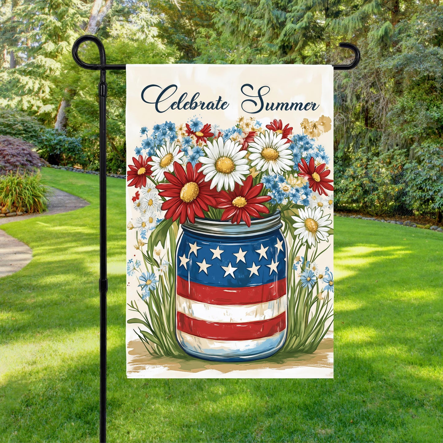 Patriotic Mason Jar Garden Flag, Celebrate Summer Design,