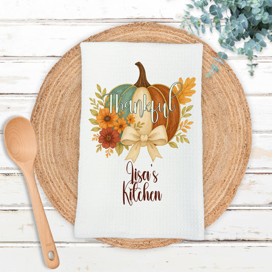 Floral Pumpkin Kitchen Towel with Waffle Weave  Coquette Bow for Thanksgiving Decor