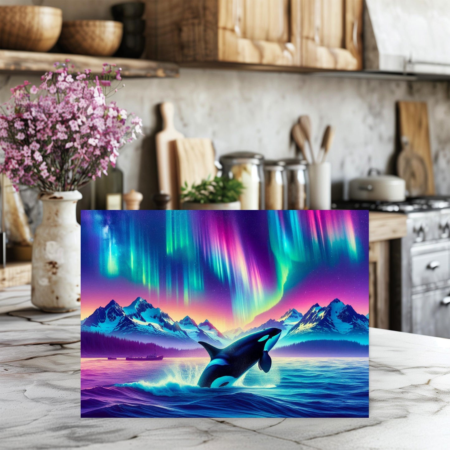 Orca Breach Tempered Glass Cutting Board 11x15 Kitchen Art with Northern Lights and Colorful Ocean Wildlife - Perfect Hostess Gift