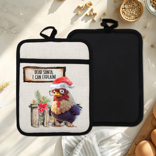 Funny Chicken Christmas Pot Holder with Santa Hat  Fence Scene - Dear Santa I Can Explain Linen Hot Pad Gift