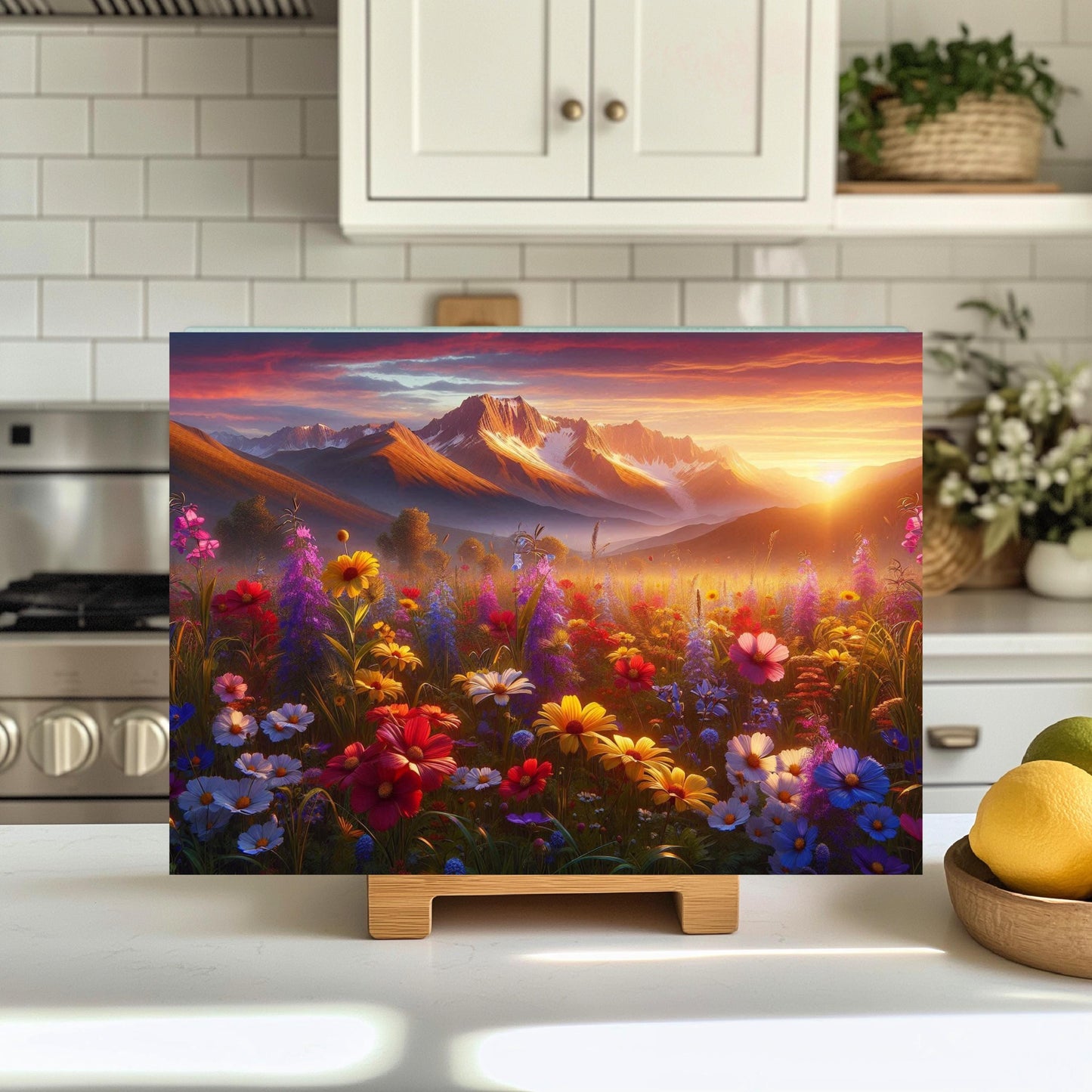 Mountain Valley Sunset Cutting Board with Wildflowers Snow-Capped Peaks - Perfect Gift for Outdoor Lovers Hostess