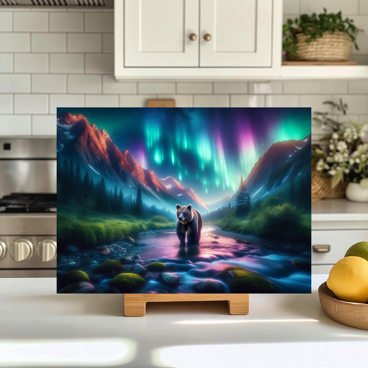 Tempered Glass Cutting Board with Northern Lights Design Perfect Gift for Bear Lovers Hostess Housewarming Ideal Kitchen Decor for Moms