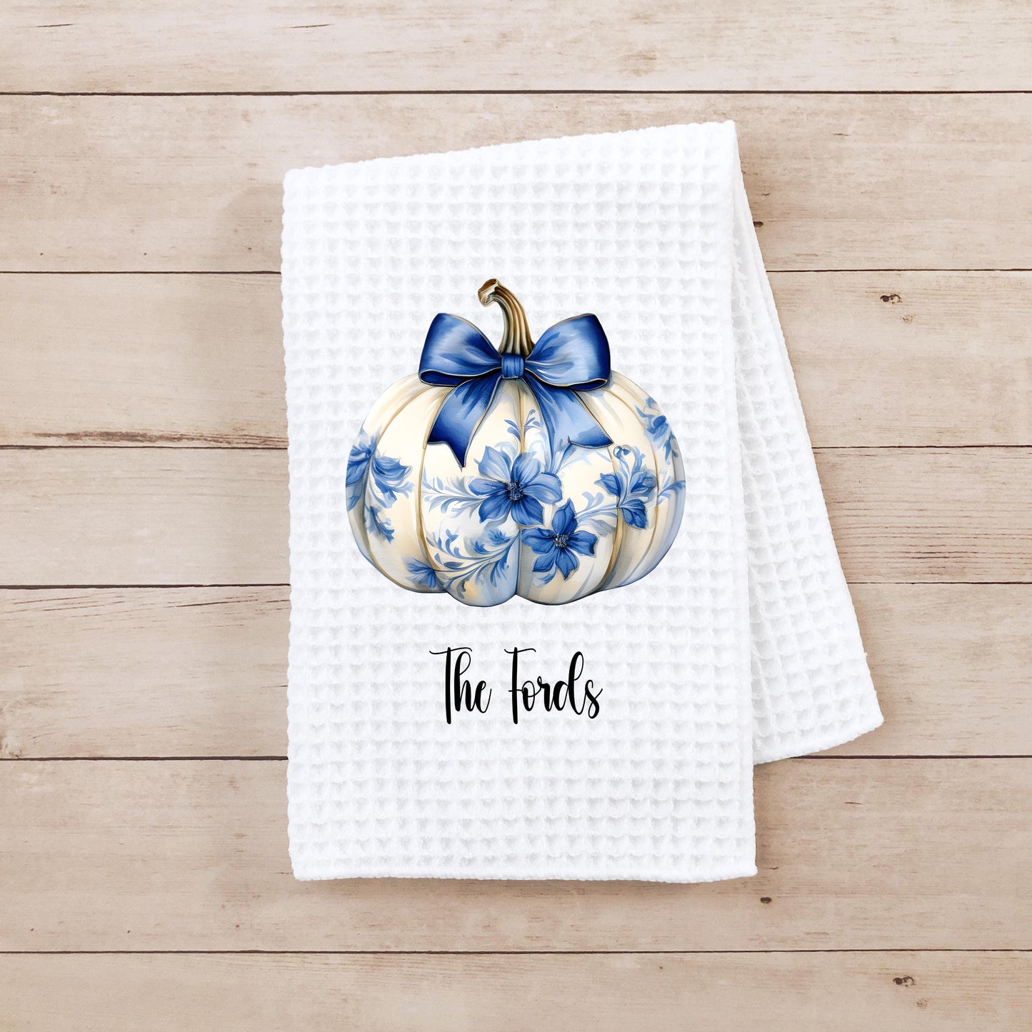 Custom Waffle Weave Towel with Chinoiserie Coquette Pumpkin Blue Bow Design