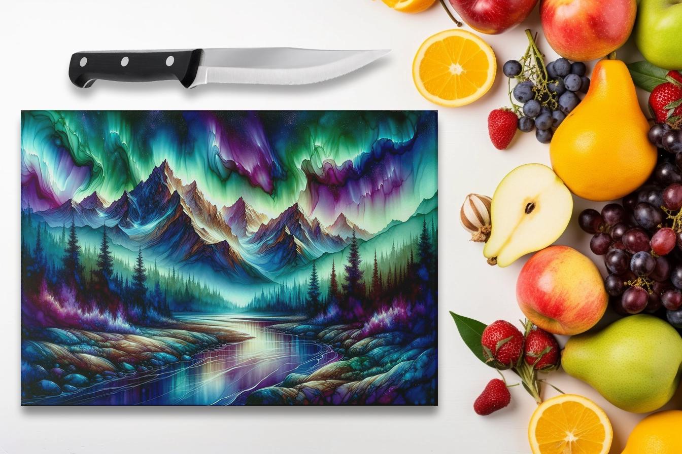Mountain Northern Lights Glass Cutting Board - Unique Hostess Gift for Outdoor Lovers Perfect for Housewarming Charcuterie or Challah